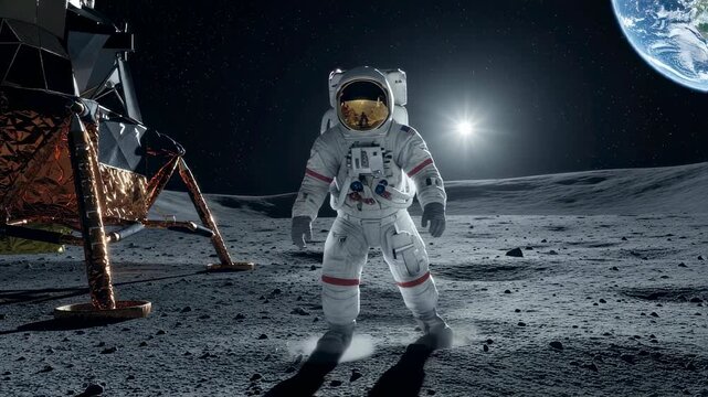 Man astronaut exploring the moon surface near lunar lander with earth in space exploration concept footage.