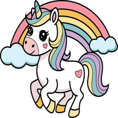 Fototapeta premium A charming illustration of a cute unicorn with a colorful mane and a sparkling horn, prancing beneath a vibrant rainbow and fluffy clouds. This enchanting design is perfect for children's products.