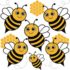 A delightful illustration featuring cute, smiling bees buzzing around honeycombs. This vibrant design is perfect for children's products, nature-themed items, or any creative project that celebrates.