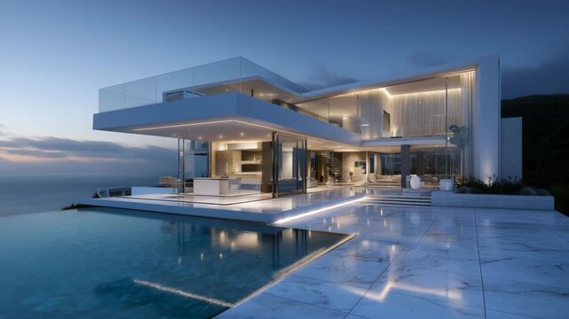  Modern luxury villa with infinity pool overlooking ocean at sunset