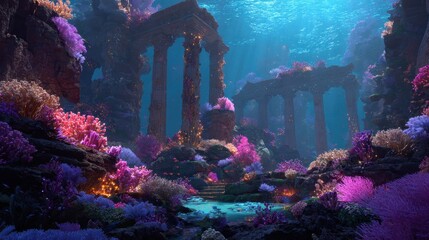 Sunlit Underwater Ruins, Coral Reef, Fantasy Game Background