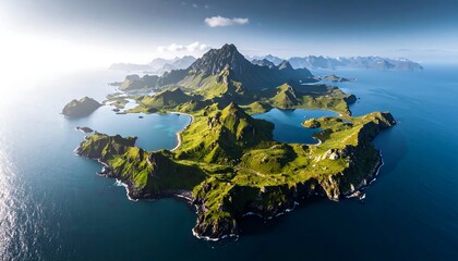 Aerial view with green island, and ocean.