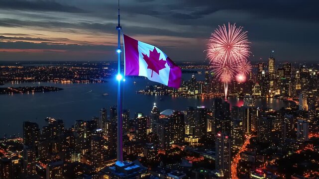 Torontos skyline celebrates Canada with flag and fireworks