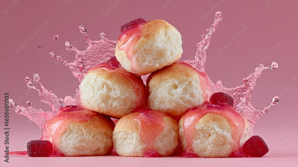 Poster stack of donuts with pink frosting and raspberries on top. the donuts are piled on top of each other