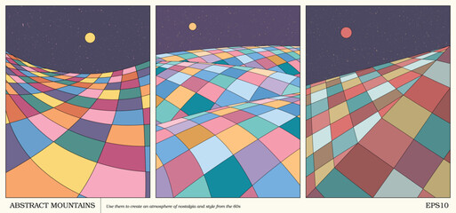 Obraz premium Geometric striped mountains. Сheckered landscape. 1960s retro poster