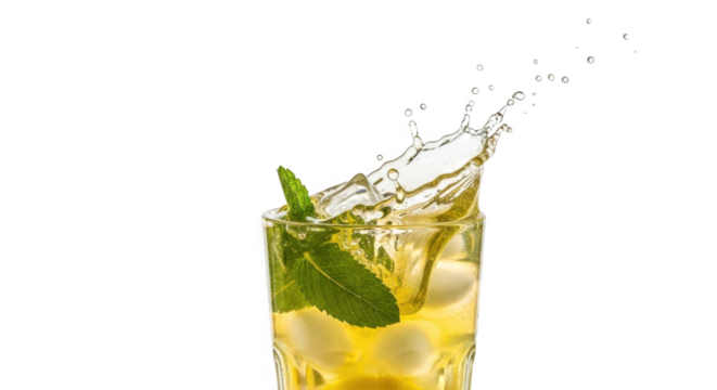 Refreshing iced tea with mint and lemon creating a dynamic splash of liquid in a clear glass against a dark background