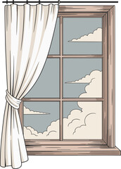 Minimalist Open Window Line Drawing with Curtain and Cloudy Sky &ndash; Black and White Illustration