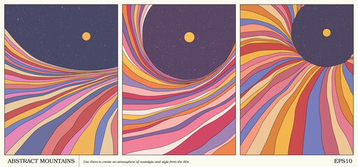 Geometric striped mountains. Wavy colorful landscape. 1960s retro poster