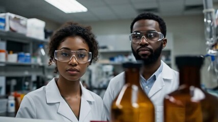 Scientists in laboratory coats conduct research in a medical lab with safety glasses - Powered by Adobe