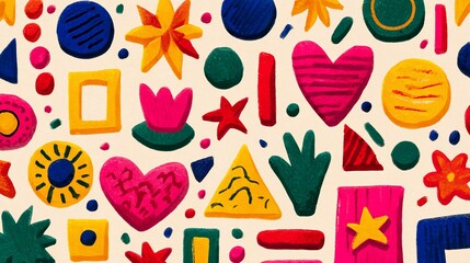 Whimsical colorful shapes on a beige background, whimsical and bright