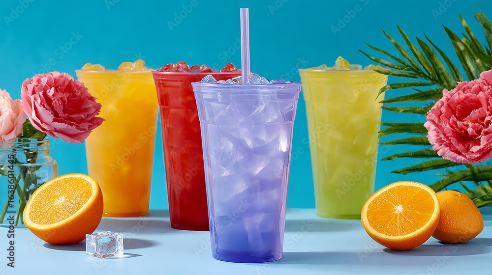 Poster row of colorful drinks with straws in them are on a table with oranges and flowers. the drinks are i