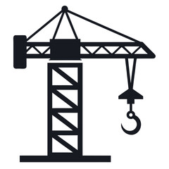 Minimalist black tower crane icon for construction and industry