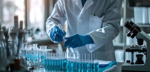 A science laboratory concept with a microscope and various lab glassware is depicted