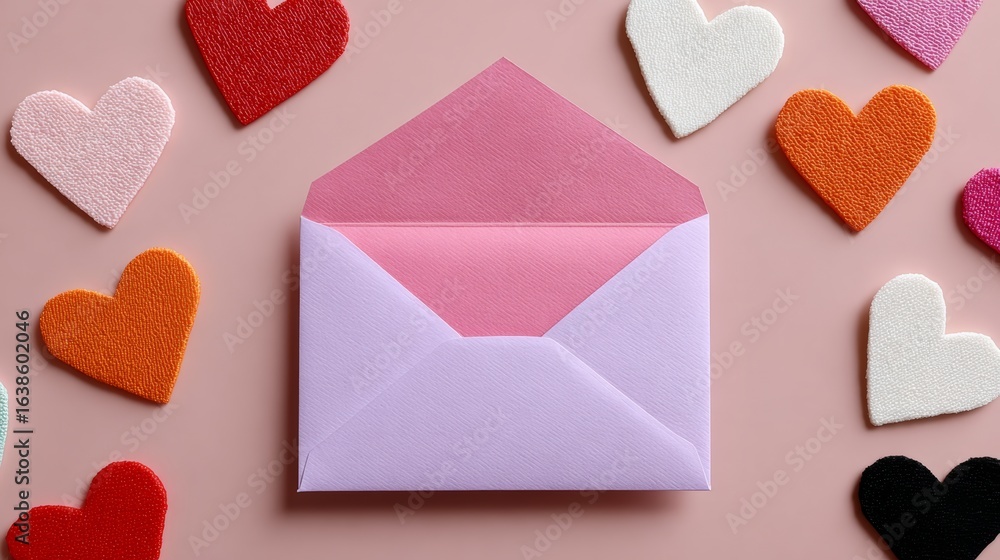 Poster pink envelope with a white heart on it sits on a table with many other hearts. the envelope is open 