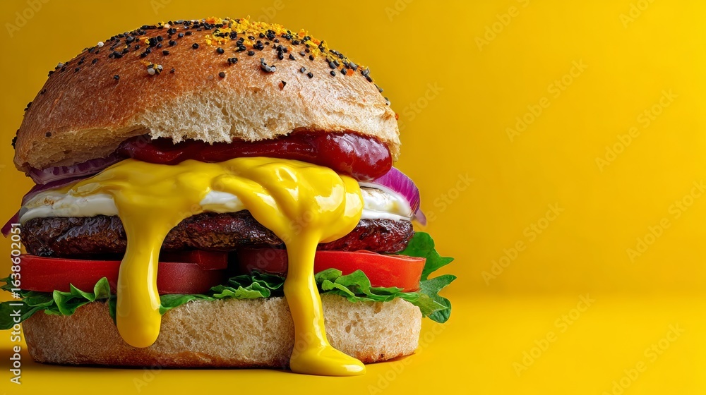 Poster yellow bun with mustard and ketchup dripping from it. the bun is topped with a slice of tomato and a