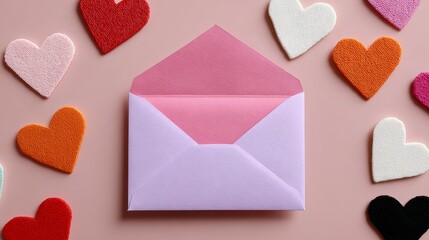 Pink envelope with a white heart on it sits on a table with many other hearts. The envelope is open and the contents are unknown. Concept of anticipation and excitement