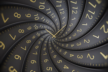 Abstract white spiral clock with repeating dials and 3D numbers, creating a surreal visual illusion of infinite time. Concept of time travel, eternity, or philosophical time loop.