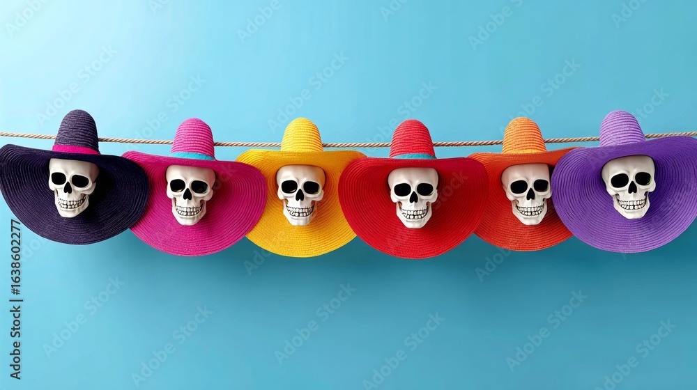 Poster Row of colorful hats with skulls on them. The hats are hanging on a rope. The hats are of different colors and sizes