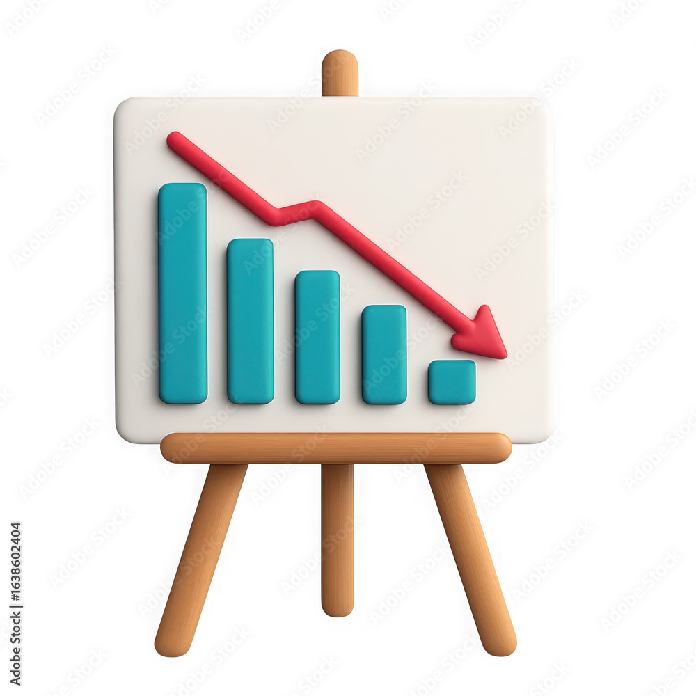 Poster 3d illustration of a downward trending bar chart with a red arrow indicating financial decline on an