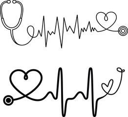 Minimalist Stethoscope and Heartbeat Line Art &ndash; Medical Love Symbol in Black and White