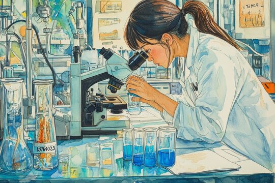 In a modern laboratory, a young female scientist wearing a lab coat and gloves is working late, using a microscope to examine samples amidst test tubes and beakers filled with a blue liquid