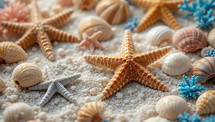 A beautiful collection of starfish and seashells on white sand.