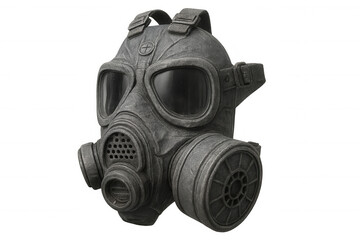 Protective gas mask with dual filters, shielding user from toxic environments, positioned on clear isolated backdrop