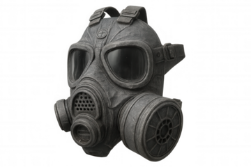 Protective gas mask with dual filters, shielding user from toxic environments, positioned on clear isolated backdrop