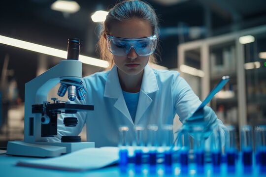 In a modern laboratory, a young woman wearing a lab coat and gloves analyzes information on a clipboard and operates a microscope, with various test tubes and a computer visible in the background