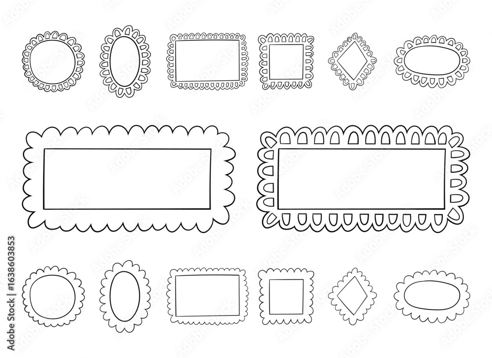 Poster collection of hand-drawn frames in various shapes, each with a scalloped or decorative border. minim