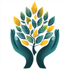 Hands nurturing a vibrant tree with green and yellow leaves symbolizing growth and harmony in nature