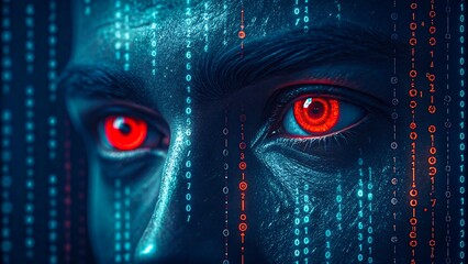 Close-up of futuristic cybernetic face with glowing red eyes and digital code overlay representing ai technology, hacking, and digital security concept

