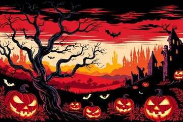 Red Halloween Landscape Wallpaper, Red Halloween Wallpaper, Red Halloween Background, Spooky Night Scenery, Red Halloween Haunted Forest Wallpaper, Halloween Night Scene