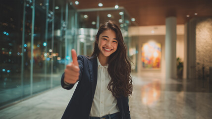 Fototapeta premium 女子高校生がオフィスで親指を立て笑顔