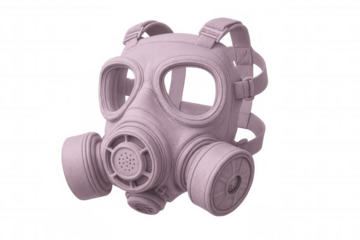 Pink gas mask with filters offering respiratory protection against hazardous substances, isolated on transparent background