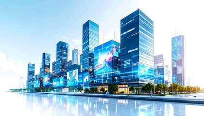 Fototapeta premium Futuristic city skyline with digital displays