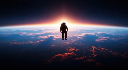 Astronaut floating in space above Earth at sunrise with dramatic clouds