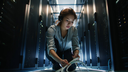 女性技術者がラック配線を行っている