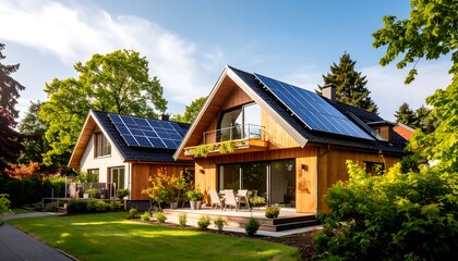Two modern homes with solar panels on their roofs.