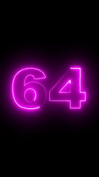 Glowing purple color neon 64 text, Educational concept ,purple 64 number, promote advertising concept isolate using QuickTime black background 4k animation ,it is ready for education and able to use.