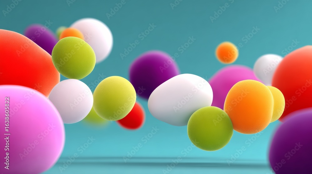 Poster colorful array of balls in the air, with some of them being green and others being red and yellow
