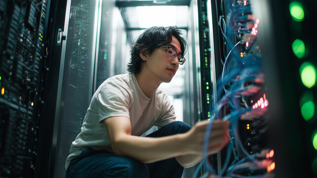 男性技術者がデータセンターで作業中