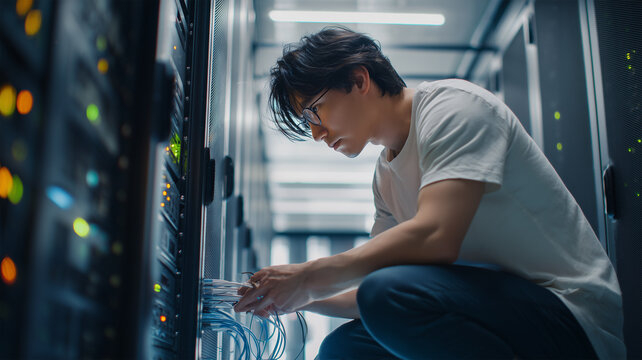 男性技術者がデータセンターで作業中