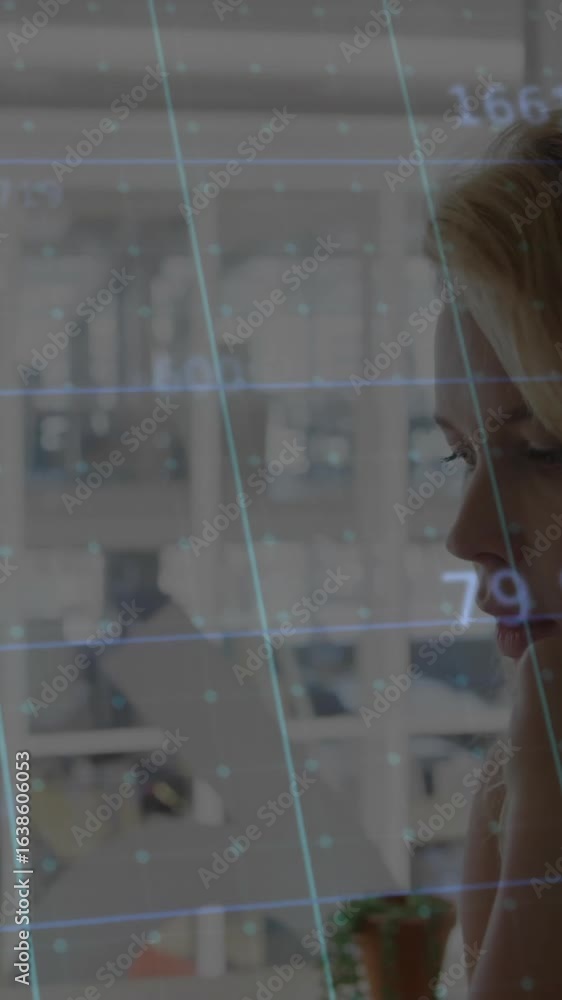 Aufkleber in office, woman analyzing data with animated graphics on computer screen
