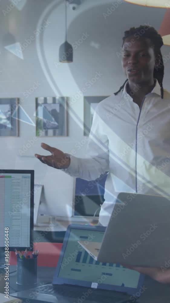 Poster in office, business team discussing data analysis with animation graphics overlay