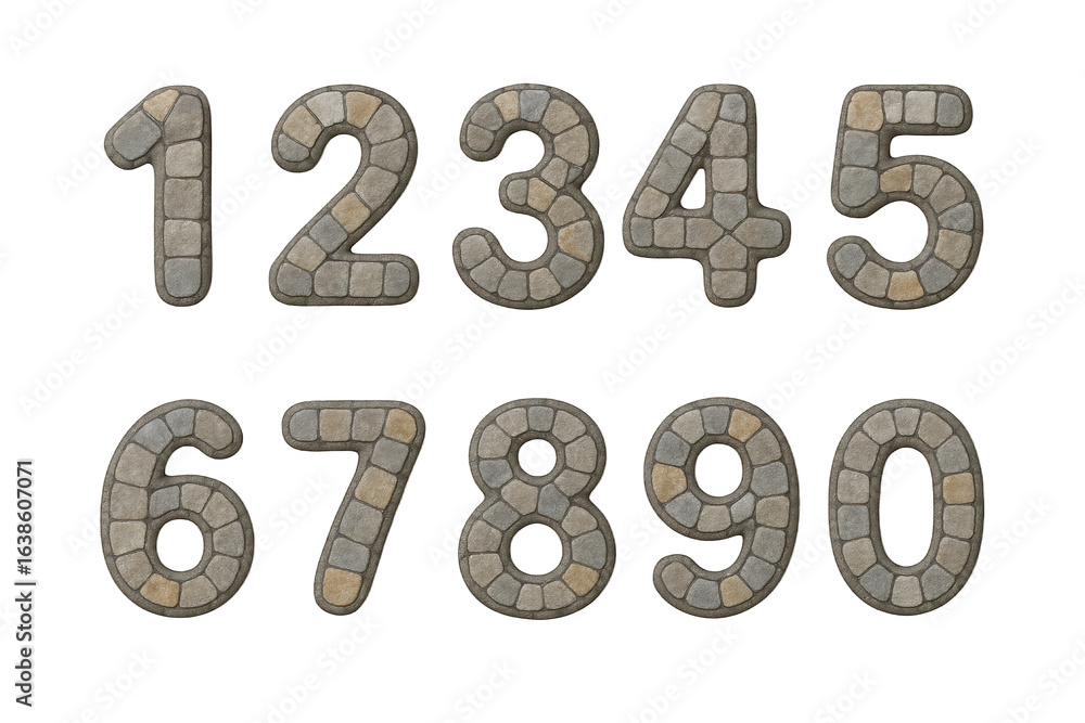 Aufkleber stone paving numbers 0-9 displayed in two rows, creating a textured and natural numeric alphabet