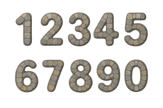 Stone Paving Numbers 0-9 Displayed in Two Rows, Creating a Textured and Natural Numeric Alphabet
