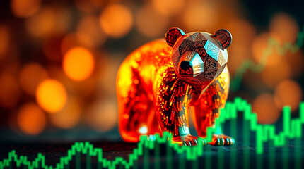 Decorative bear figurine in vibrant colors amidst a financial chart backdrop