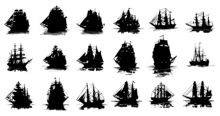 Fototapeta premium Shadowy Galleons: A fleet of detailed galleon silhouettes evoke the age of exploration, each conveying a unique personality and structure with textured strokes.