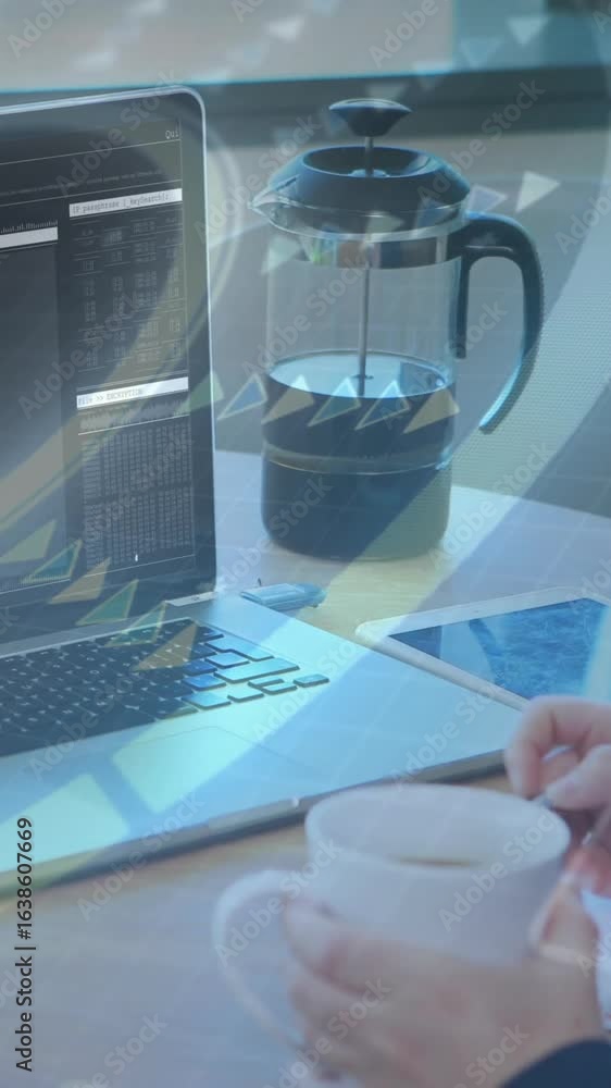 Poster person working on laptop with data processing animation over coffee and notepad